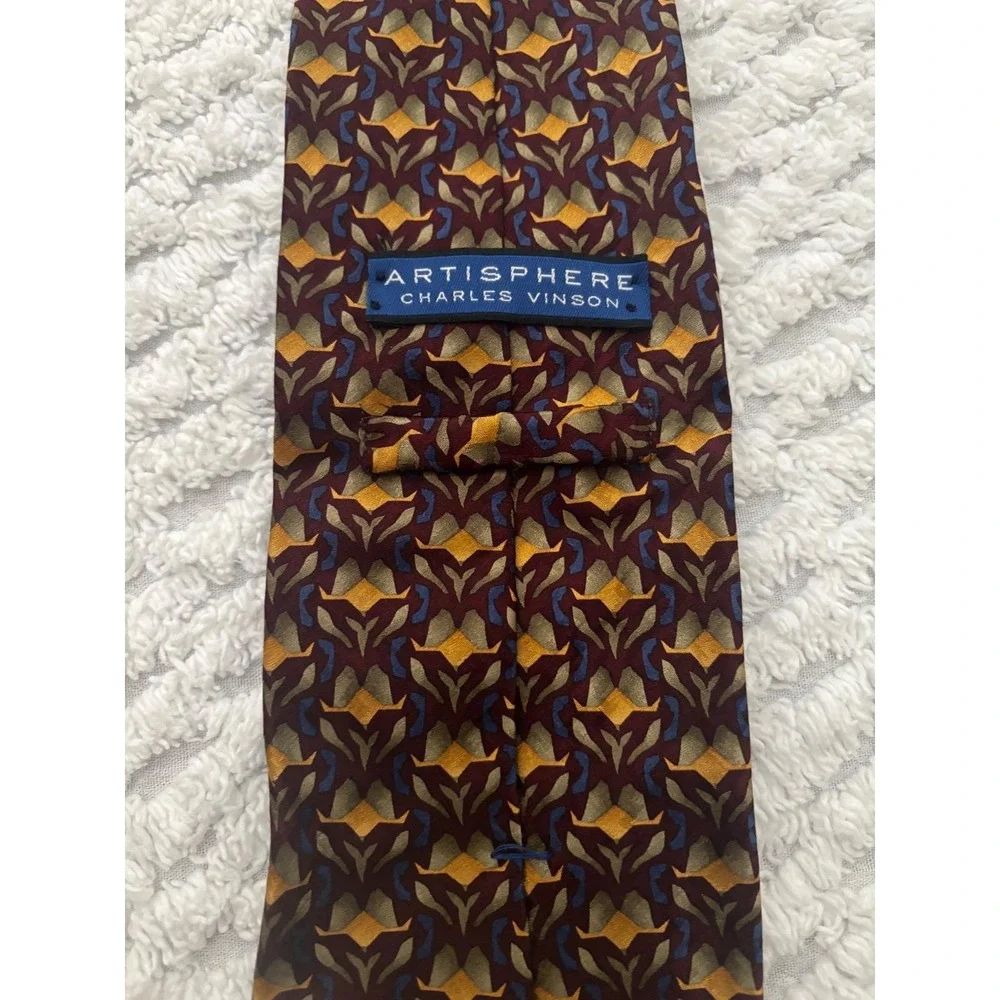 Artisphere Charles Vinson Men Silk Tie Burgundy Gold Geometric Abstract USA Made